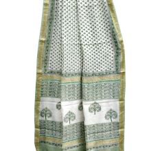 Green Chanderi Block Print Saree With Small Leaf Motifs With Golden Border And Blouse Piece