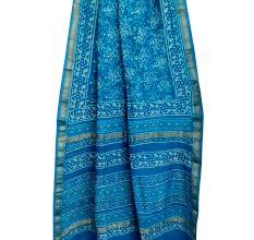 Blue Chanderi Block Print Saree With Small Leaf Motifs With Golden Border And Blouse Piece