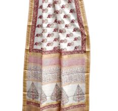 White Maroon Floral Block Print Saree With Golden Border And Blouse Piece