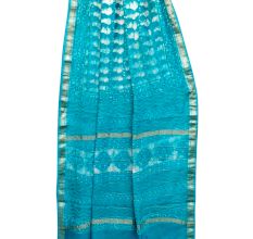 Blue Abstract Print Chanderi Block Print Saree With Silver Blue Border With Blouse Piece