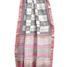 Checks And Geometric Chanderi Block Print Saree In Grey And Pink With Golden Pink Border