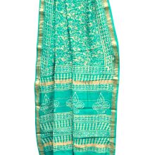 Turquoise Blue With Block Print Design And Diya On Pallu Chanderi Saree With Blouse Piece