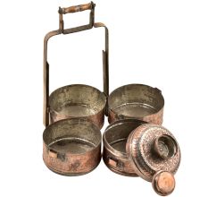 Hand Engraved Copper Four Compartments Tiffin Box