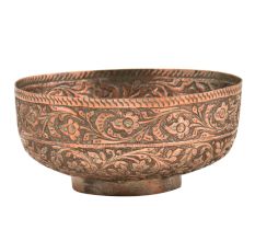 Engraved Floral Leafy Pattern Pedestal Copper Bowl