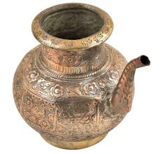 Brass Engraved Floral Design Copper Holy Water Pot With A Stout