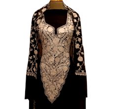 Black Designer Dress Fabric Georgette With Front White Floral Embroidery