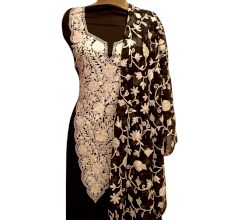 Black Designer Dress Fabric Georgette With Front White Floral Embroidery