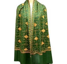 Handmade Dark Green Semi Pashmina Jaal Design Needle Work Shawl