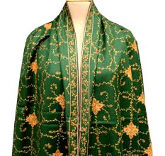 Handmade Dark Green Semi Pashmina Jaal Design Needle Work Shawl