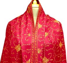 Handmade Blood Red Semi Pashmina Jaal Design Needle Work Shawl