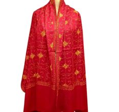 Handmade Blood Red Semi Pashmina Jaal Design Needle Work Shawl