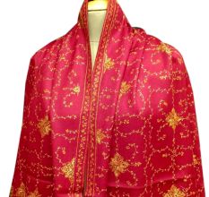 Handmade Blood Red Semi Pashmina Jaal Design Needle Work Shawl