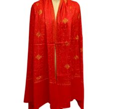 Handmade Red Semi Pashmina Jaal Design Needle Work Shawl