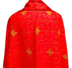 Handmade Red Semi Pashmina Jaal Design Needle Work Shawl