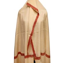 Handmade Cream Semi Pashmina Floral Border Design Needle Work Shawl