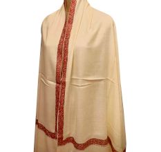 Handmade Cream Semi Pashmina Floral Border Design Needle Work Shawl