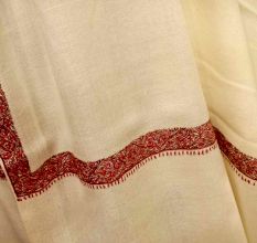 Handmade Cream Semi Pashmina Floral Border Design Needle Work Shawl