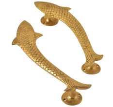 Vintage Golden Fish Shaped Brass Door Handle In Pair
