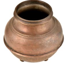 Footed Brass Water Storage Pot With Horizontal Engraved Circular Lines