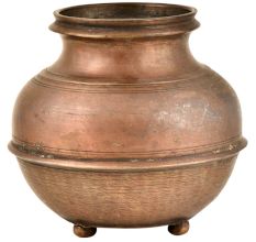 Footed Brass Water Storage Pot With Horizontal Engraved Circular Lines