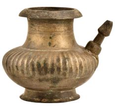 Brass Ribbed Bulbous Form Holy Water Pot With Spout