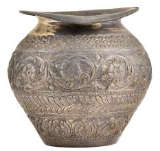 Handmade Brass Repousse Floral and Leaves Design Pattern Pot