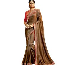 Brown Barfi Chinnon Silk Saree With Contrast Colour Heavy Embroidery Blouse