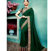 Dark Green Vichitra Silk Saree With Banglori silk Blouse Piece