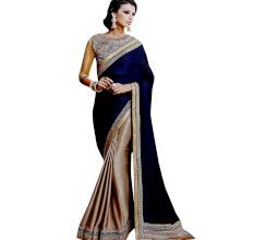 Chiffon Silk Saree With Embroidery Work Blouse Piece Blue & Beige
