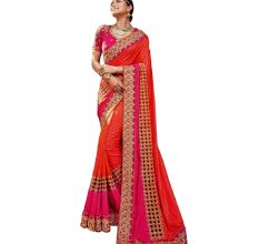 Orange Pink Paper Silk Embroidered Saree with Blouse Piece