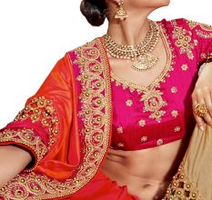 Orange Pink Paper Silk Embroidered Saree with Blouse Piece