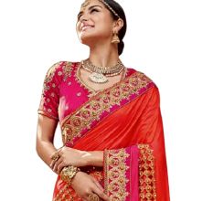 Orange Pink Paper Silk Embroidered Saree with Blouse Piece