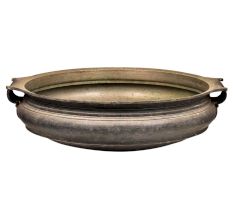 Bronze Hand Carved Urli Or Planter With 2 Decorative Handles