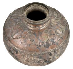 Old Brass Water Storage Pot With Leaves Engraved Near The Mouth