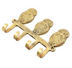 Handmade Brass Wise Owl Wall Hanger With 4 Hooks