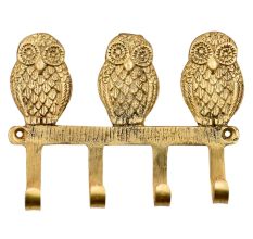 Handmade Brass Wise Owl Wall Hanger With 4 Hooks