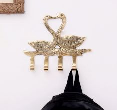 Handmade Two Brass Swan with 4 Hooks Crafted Key Holder