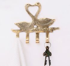 Handmade Two Brass Swan with 4 Hooks Crafted Key Holder