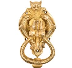 Hand Crafted Huge Demon Head Two Fishes With Ornate Door Brass Metal Door Knocker Ring