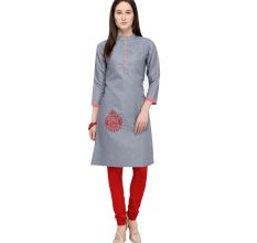 Grey South Cotton Stitched Satin Fabric Kurtis With Full Cotton Inner