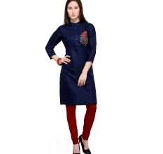 Navy Blue Cotton Stitched Satin Fabric Kurtis With Full Cotton Inner