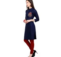 Navy Blue Cotton Stitched Satin Fabric Kurtis With Full Cotton Inner