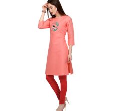 Peach Cotton Stitched Satin Fabric Kurtis With Full Cotton Inner