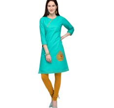 Turquoise Blue Cotton Stitched Satin Fabric Kurtis With Full Cotton Inner