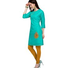Turquoise Blue Cotton Stitched Satin Fabric Kurtis With Full Cotton Inner