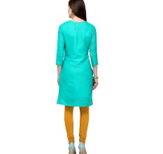 Turquoise Blue Cotton Stitched Satin Fabric Kurtis With Full Cotton Inner
