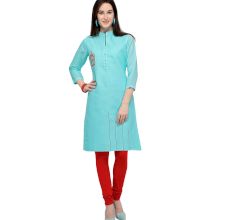 Blue Cotton Stitched Satin Fabric Kurtis With Full Cotton Inner