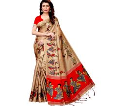 Chiku Beige Kathak Women's Khadi Silk Printed Saree With Blouse Piece