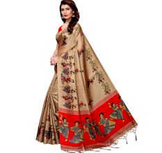 Chiku Beige Kathak Women's Khadi Silk Printed Saree With Blouse Piece