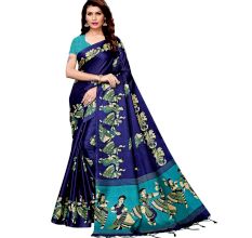 Navy Blue Kathak Women's Khadi Silk Printed Saree With Blouse Piece